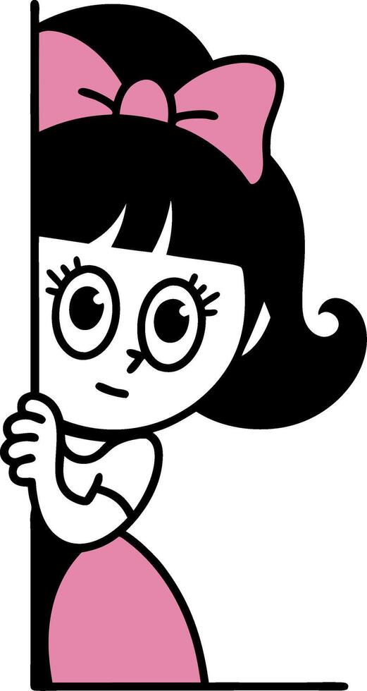 Cute Cartoon Girl with Pink Bow Peeking Playful Art vector