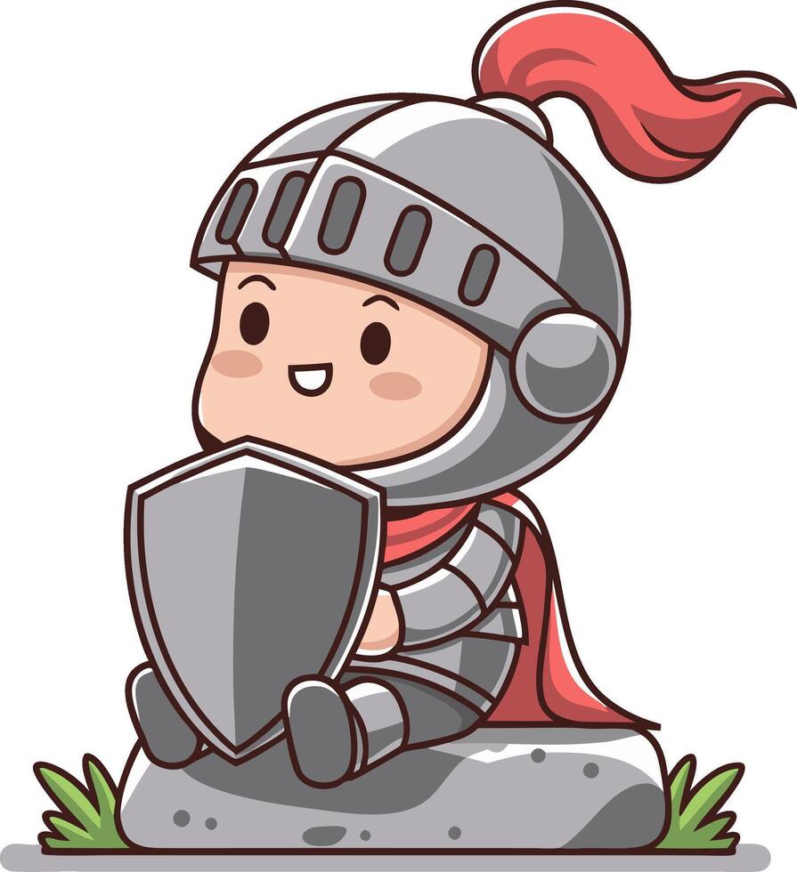 Cute Cartoon Knight Sitting on Stone with Shield Illustration for Kids vector