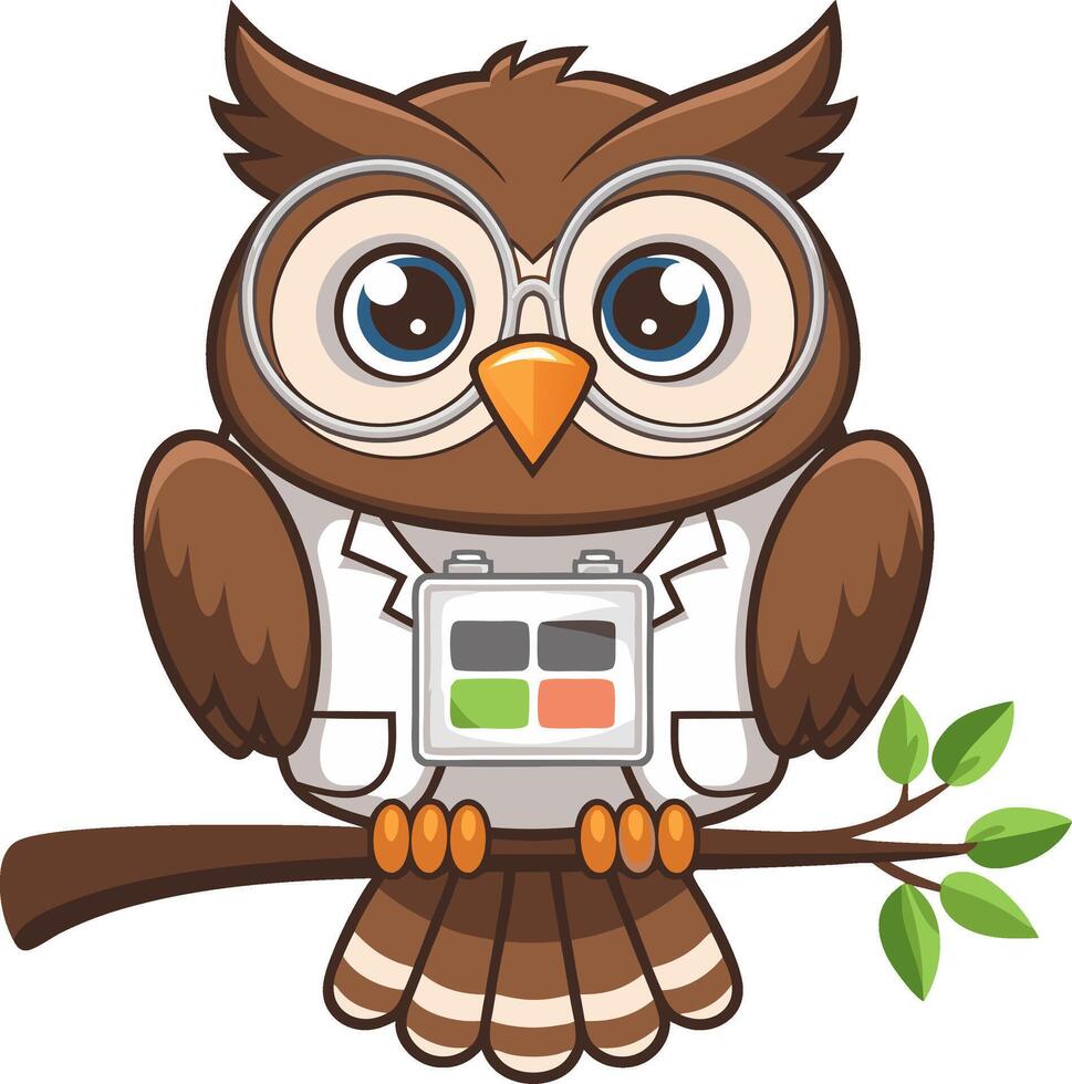 Cute Cartoon Owl in Lab Coat with Glasses on Branch Illustration vector