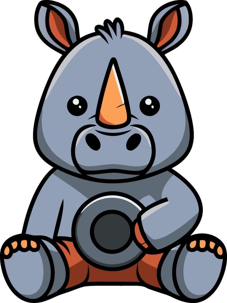 Cute Cartoon Rhino with Orange Horn Hugging Tire Illustration vector