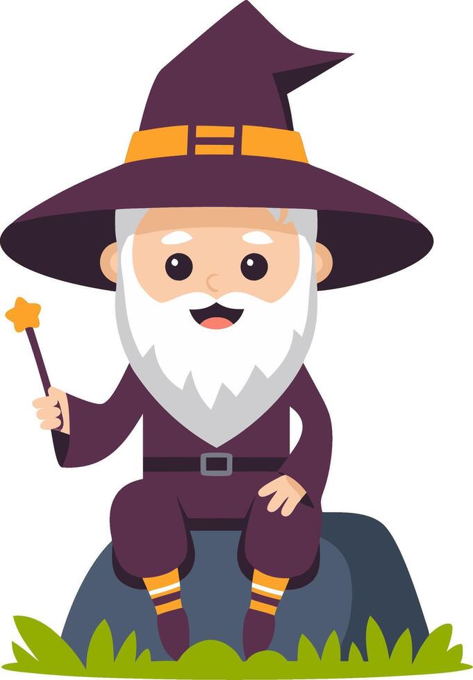 Cute Cartoon Wizard Sitting on Rock Holding Magic Wand Illustration vector