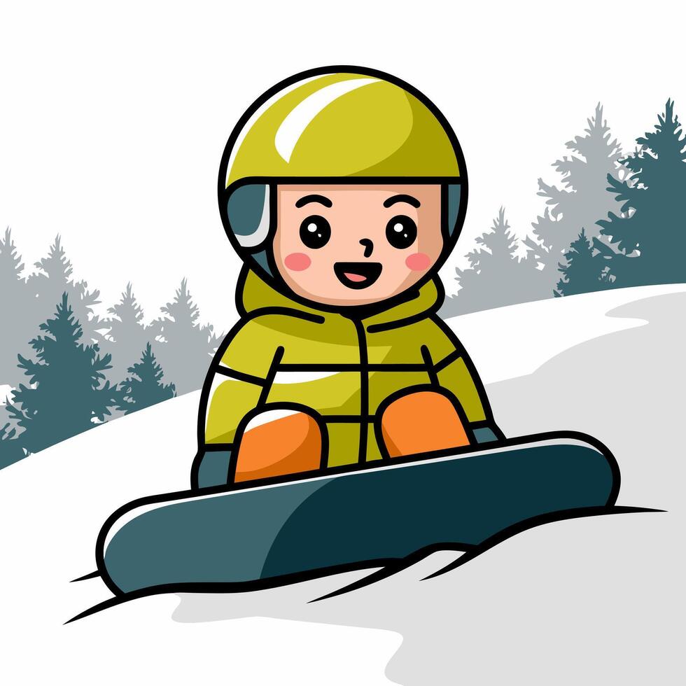 Cute Child Snowboarding Downhill in Winter Mountain Scene Art vector