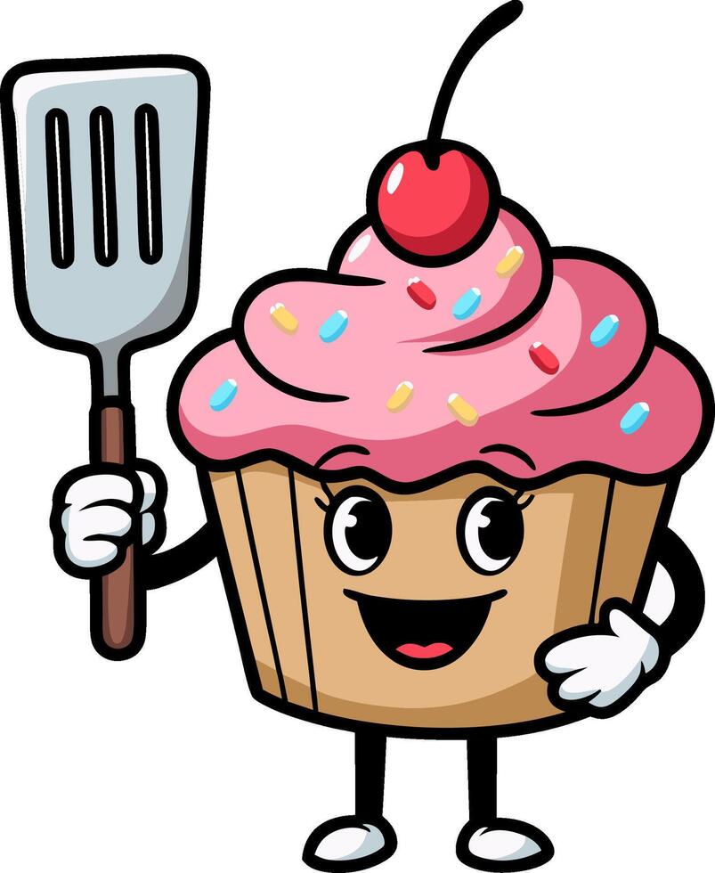 Cute Cupcake Character with Cherry and Spatula for Baking and Kids Design vector