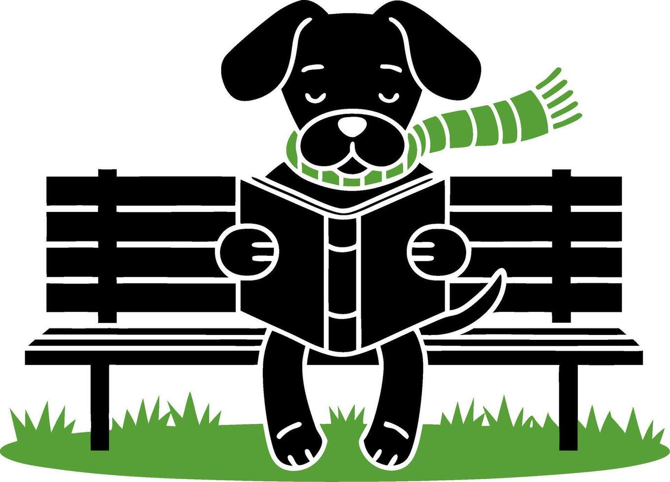 Cute Dog Reading Book on Bench with Green Scarf Illustration vector