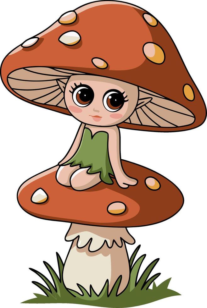 Cute Fairy Child Sitting on Mushroom with Red Cap Illustration vector