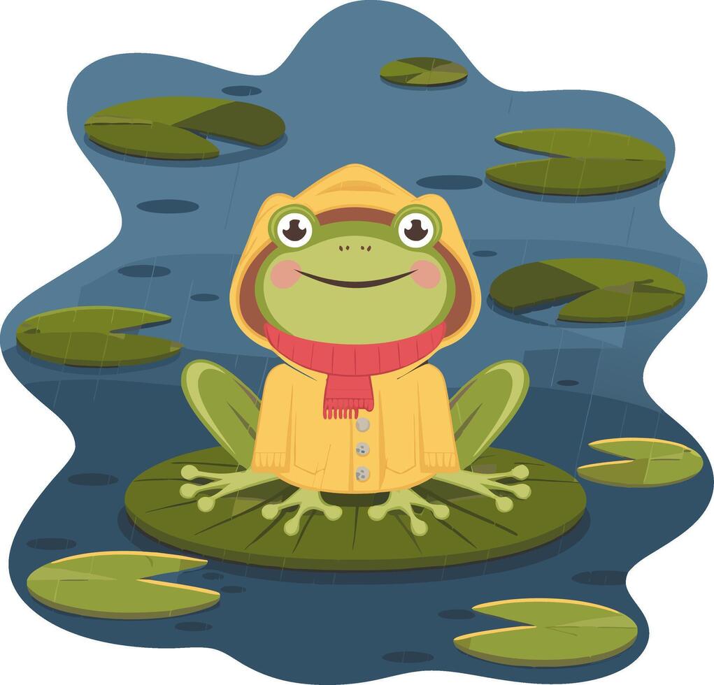 Cute Frog in Rain Gear Sitting on Lily Pad in a Pond Illustration vector