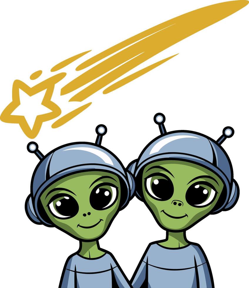 Cute Green Alien Couple with Spaceship Helmets and Shooting Star Art vector