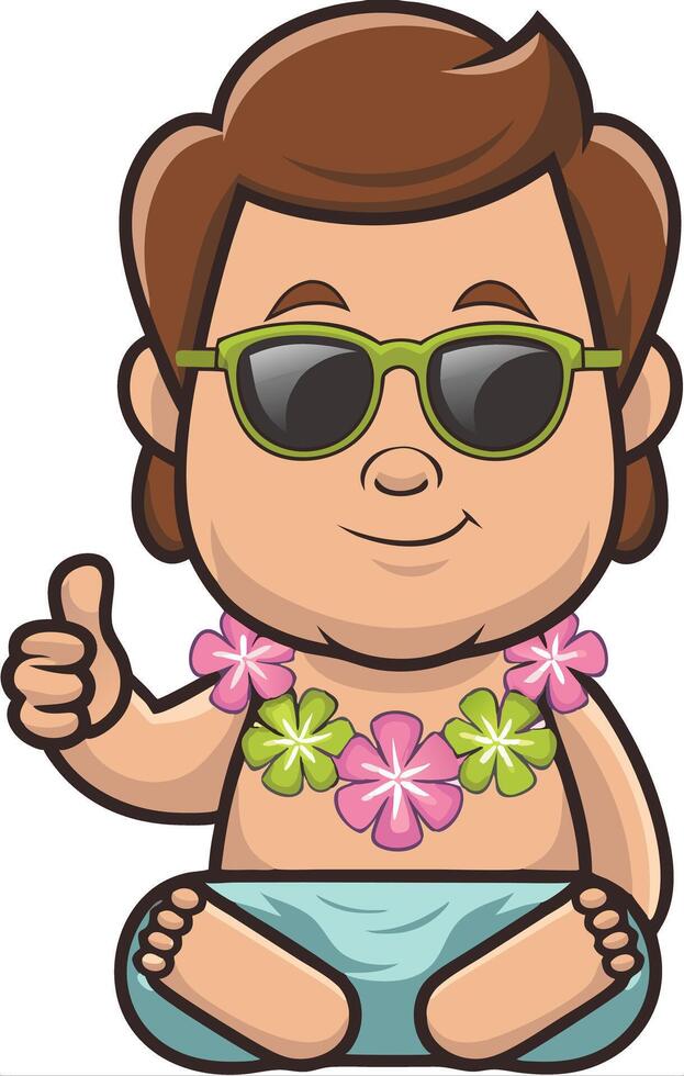Cute Hawaiian Baby Cartoon Relaxing with Lei and Sunglasses vector