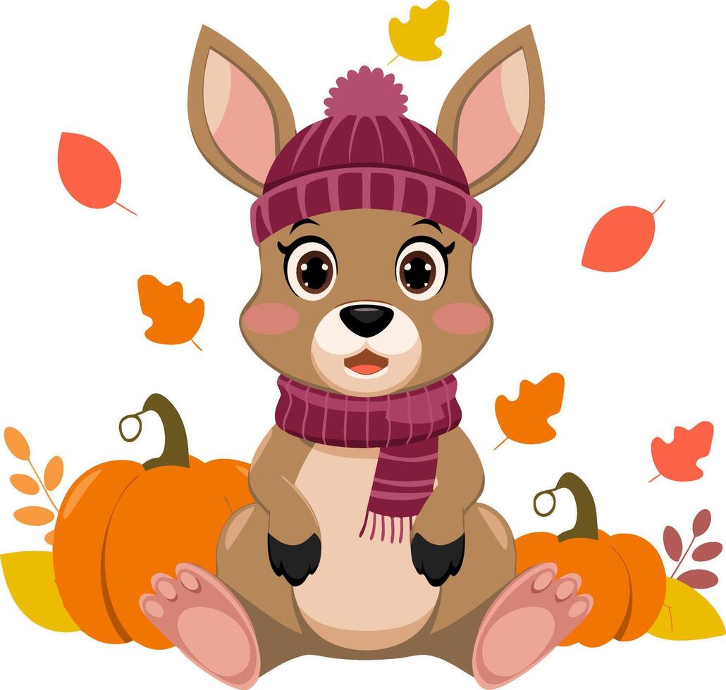 Cute Kangaroo in Autumn Outfit with Pumpkins and Falling Leaves Illustration vector