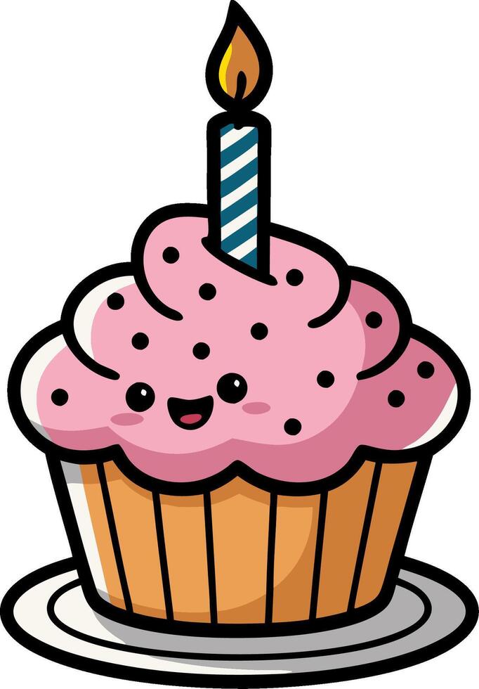 Cute Kawaii Cupcake with Candle Illustration for Birthday Celebration Art vector