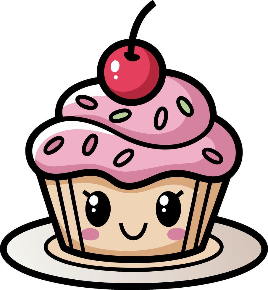 Cute Kawaii Cupcake with Cherry Frosting Illustration vector
