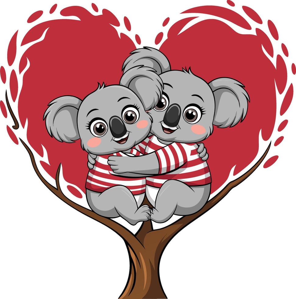 Cute Koala Couple Hugging Against Red Heart Background Illustration vector