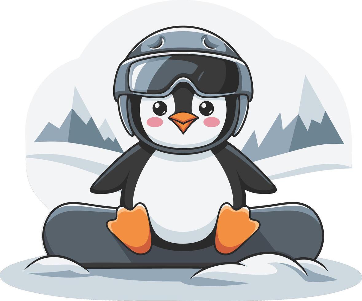 Cute Penguin Snowboarder with Helmet in Winter Mountain Landscape vector