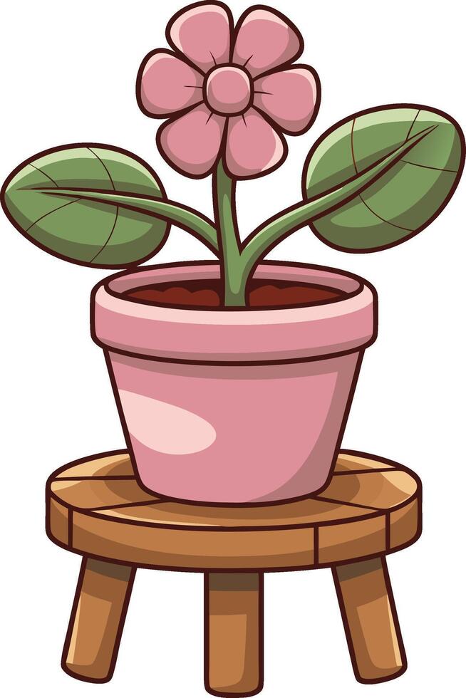 Cute Pink Flower in Pot on Wooden Stool Illustration for Home Decor and Design vector