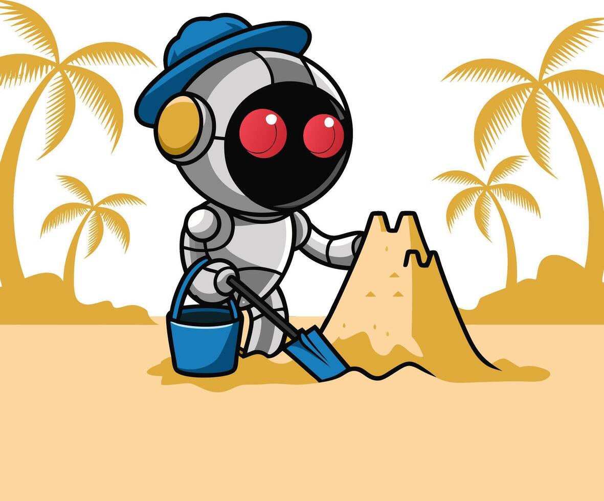 Cute Robot Building Sandcastle on Tropical Beach Art vector