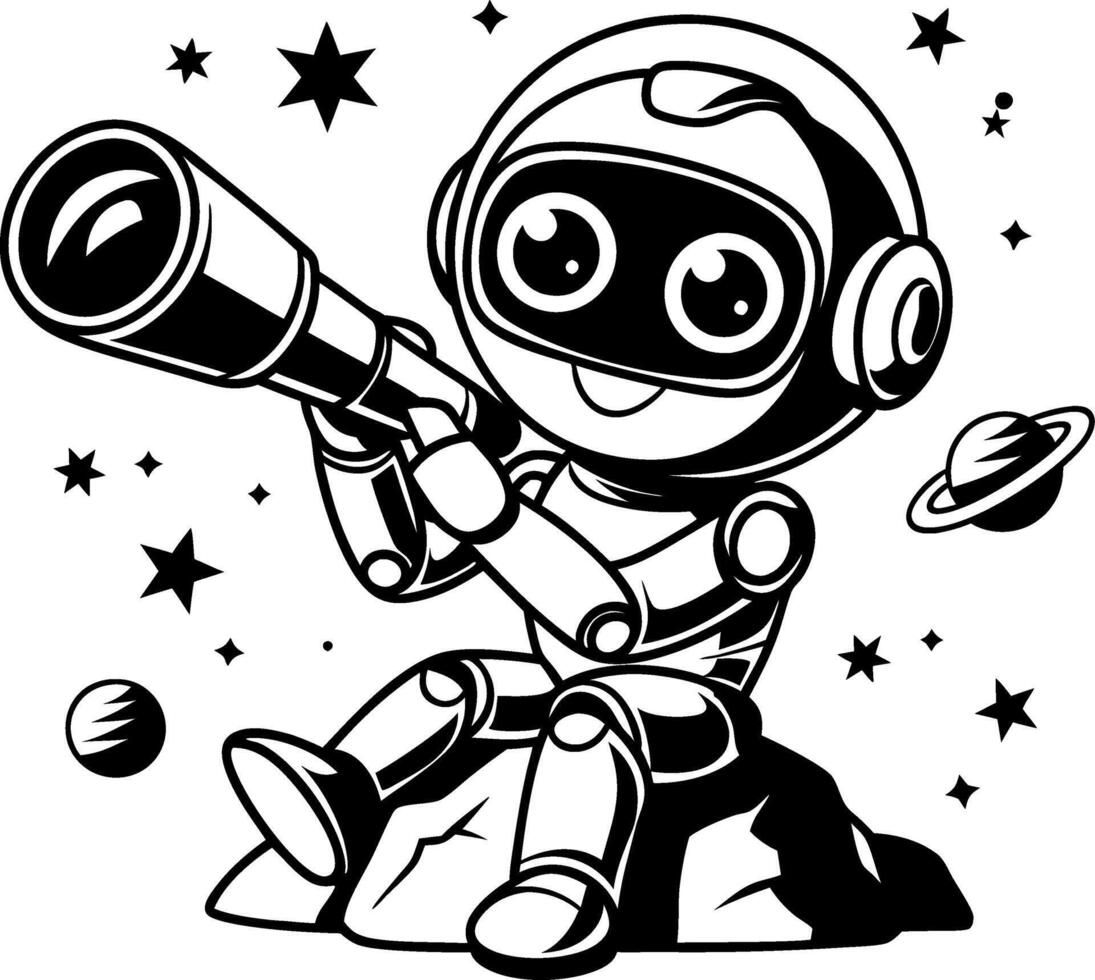 Cute Robot Astronomer Looking Through Telescope at Stars and Planets Cartoon vector