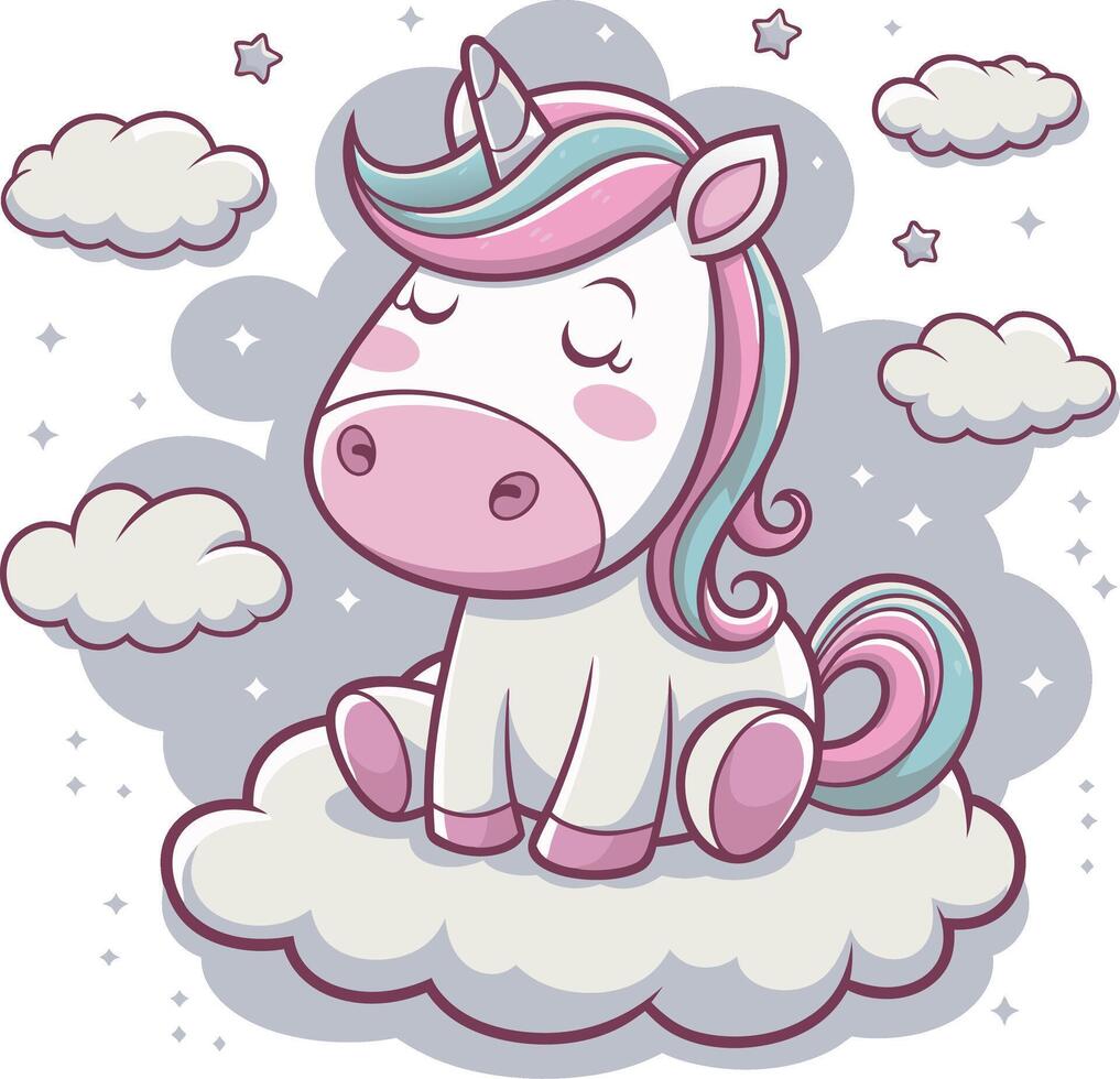 Cute Sleeping Unicorn Sitting on Cloud Surrounded by Stars and Clouds Fantasy Illustration vector