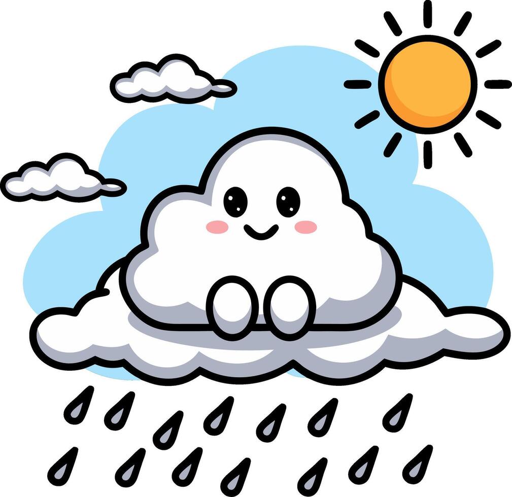 Cute Smiling Cloud with Raindrops and Sun Illustration for Kids vector