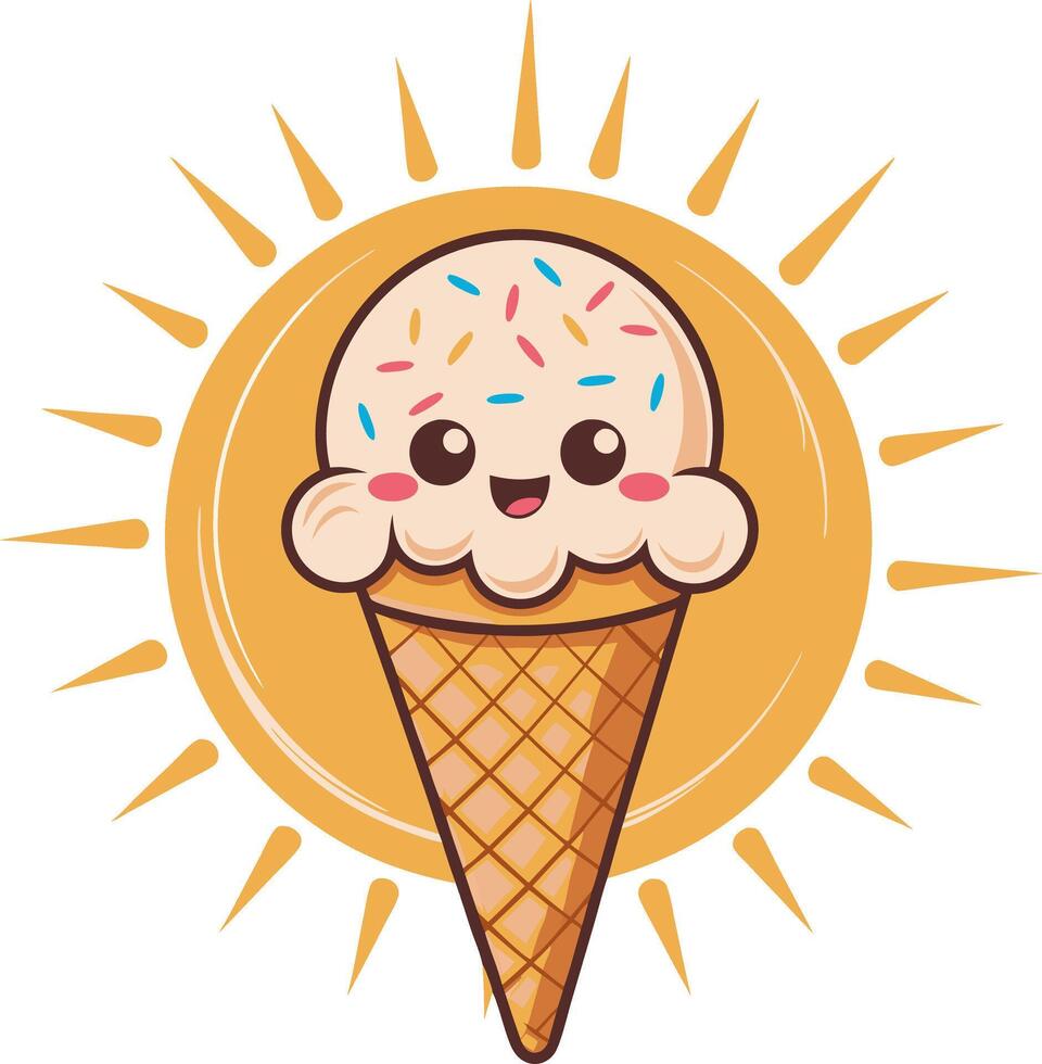 Cute Smiling Ice Cream Cone with Sprinkles and Sunburst for Summer Themes vector