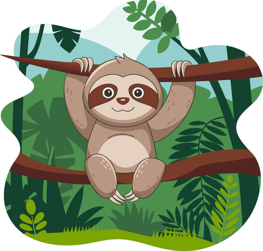 Cute Smiling Sloth Hanging on Branch in Jungle Illustration for Kids vector
