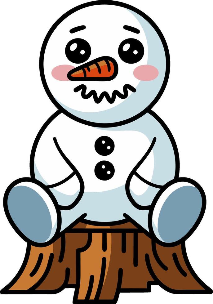 Cute Snowman Sitting on Tree Stump Playful Winter Illustration vector