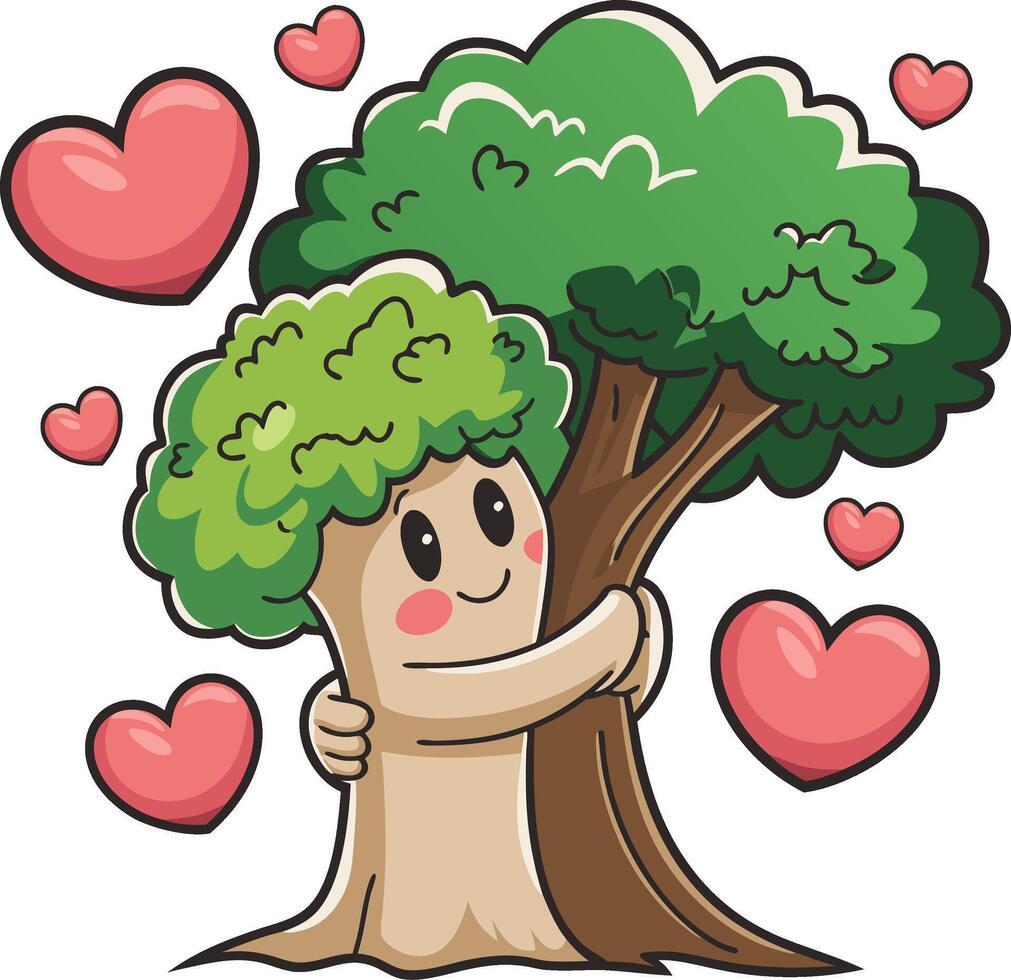 Cute Tree Character Hugging Tree Surrounded by Hearts Illustration vector