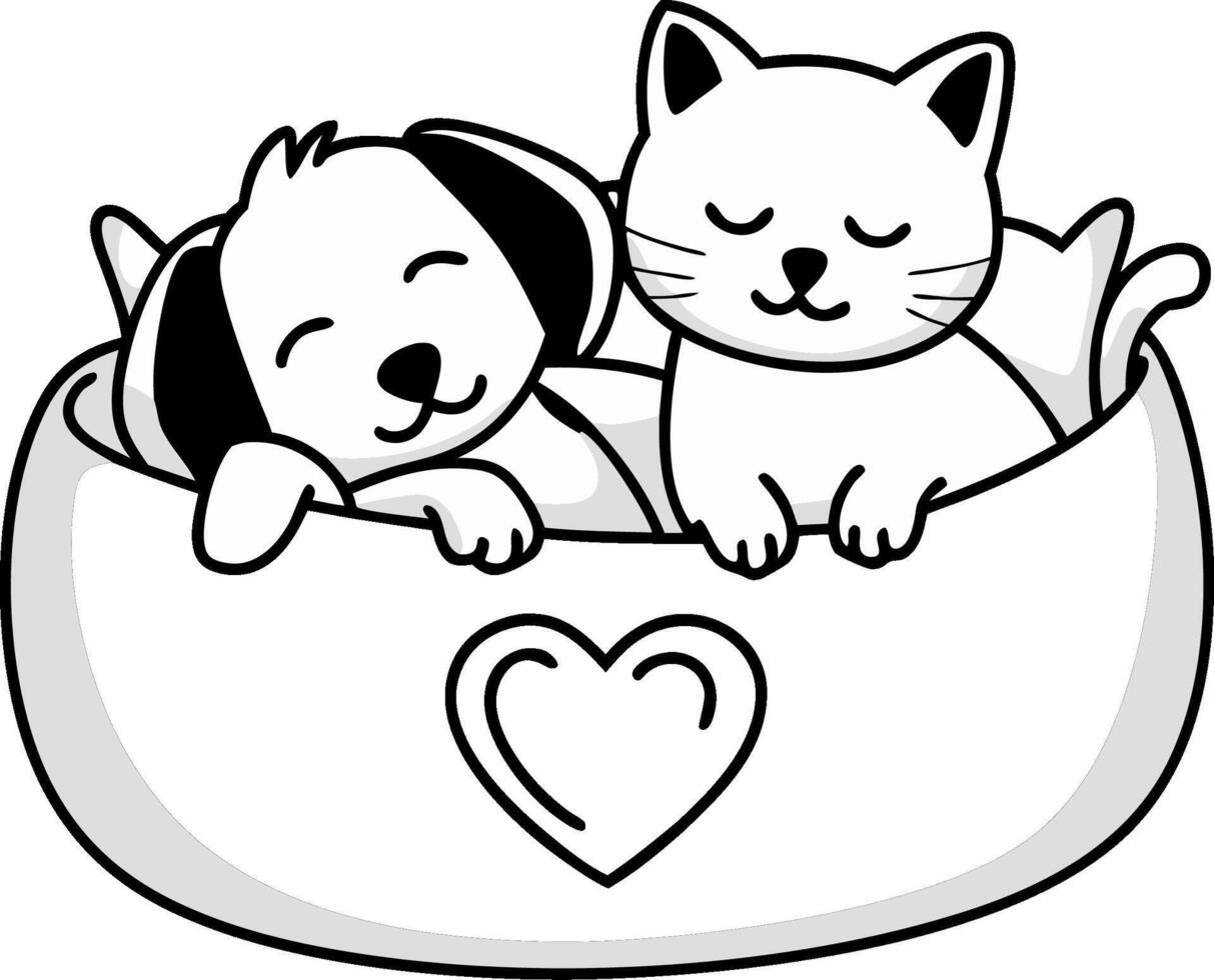 Cute Illustration of Sleeping Puppy and Kitten in Heart Decorated Pet Bed vector