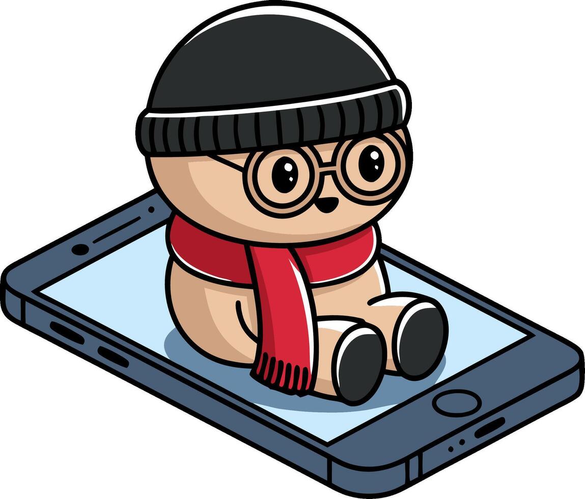 Cute Winter Cartoon Sitting on Smartphone Illustrative Design vector