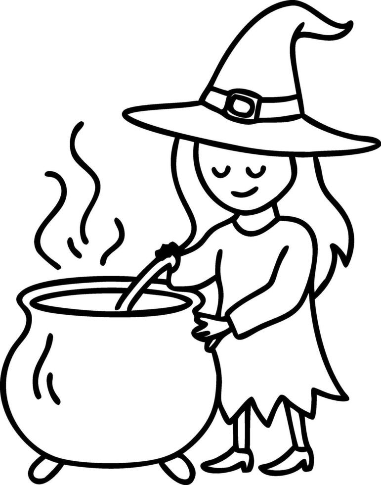 Cute Witch Stirring Cauldron for Halloween Crafts and Coloring Books vector