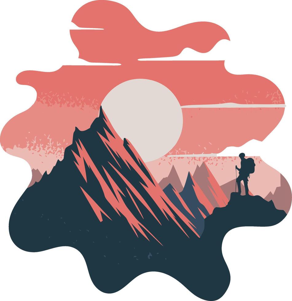Dramatic Mountain Sunrise with Silhouette of Lone Hiker Adventure Art vector