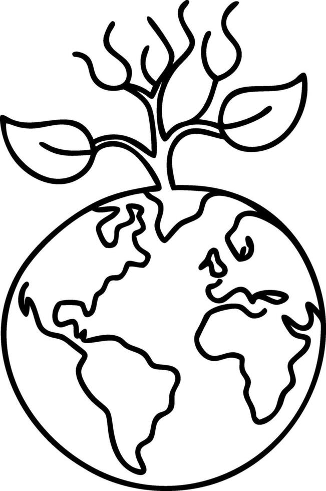 Earth with Growing Plant Line Art for Environmental Concepts vector