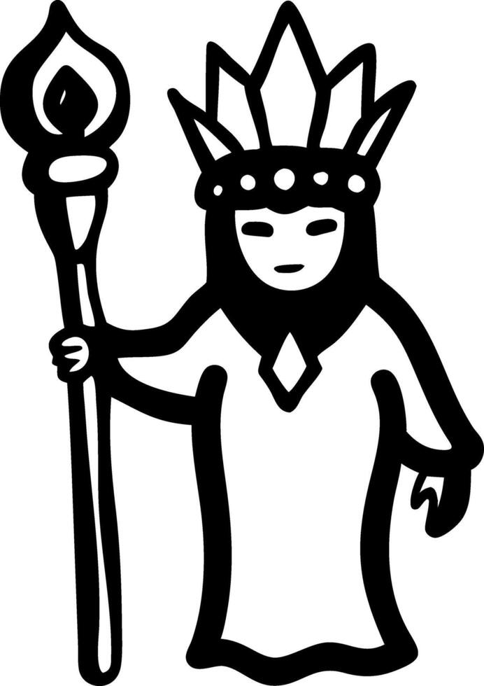 Fantasy Sorceress Illustration with Staff and Crown for Tattoo or Coloring Book vector