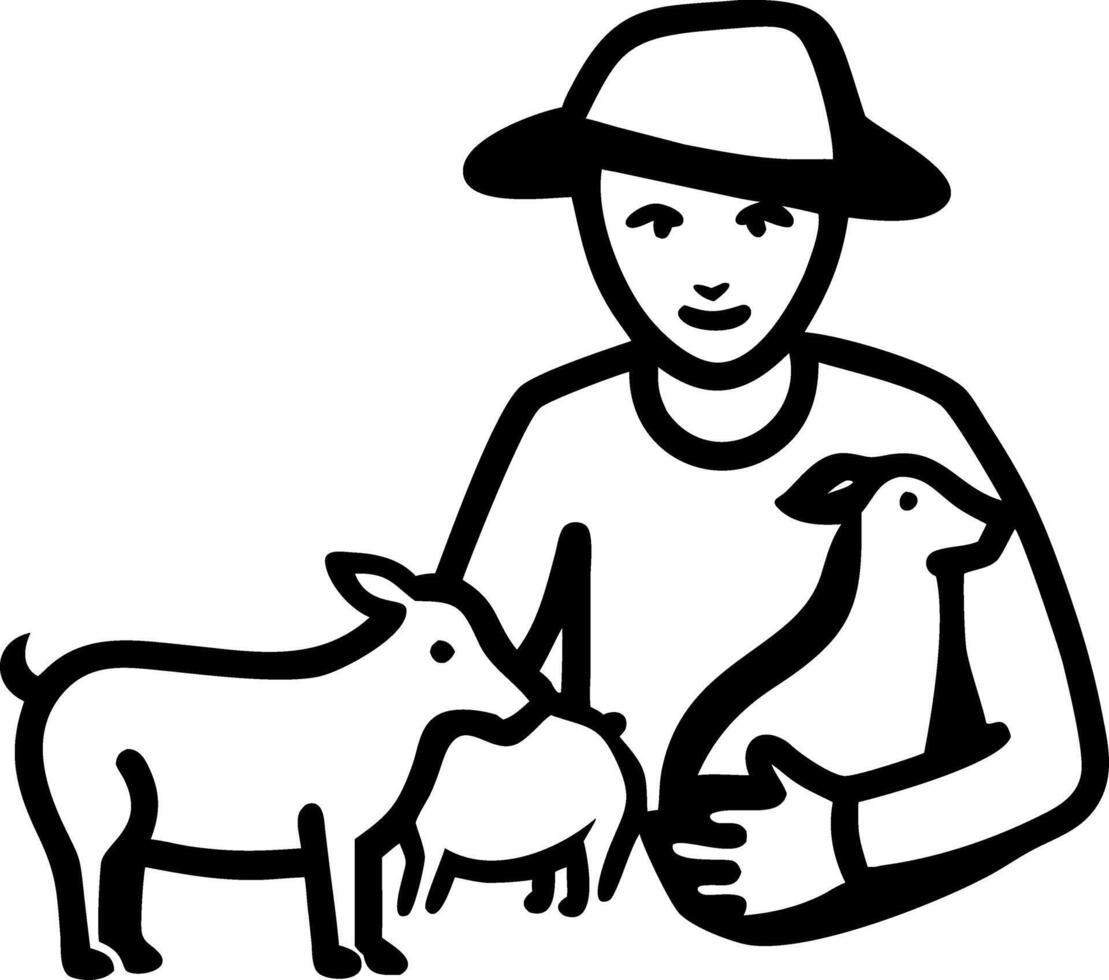 Farmer with Goats and Pig Simple Line Art Illustration for Agricultural Theme vector