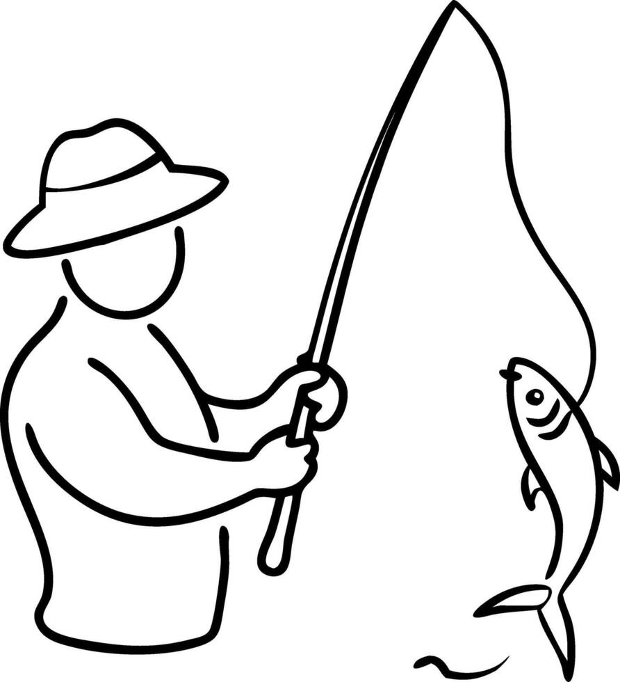 Fisherman Catching Fish Line Art Illustration for Outdoor Recreation and Hobbies vector