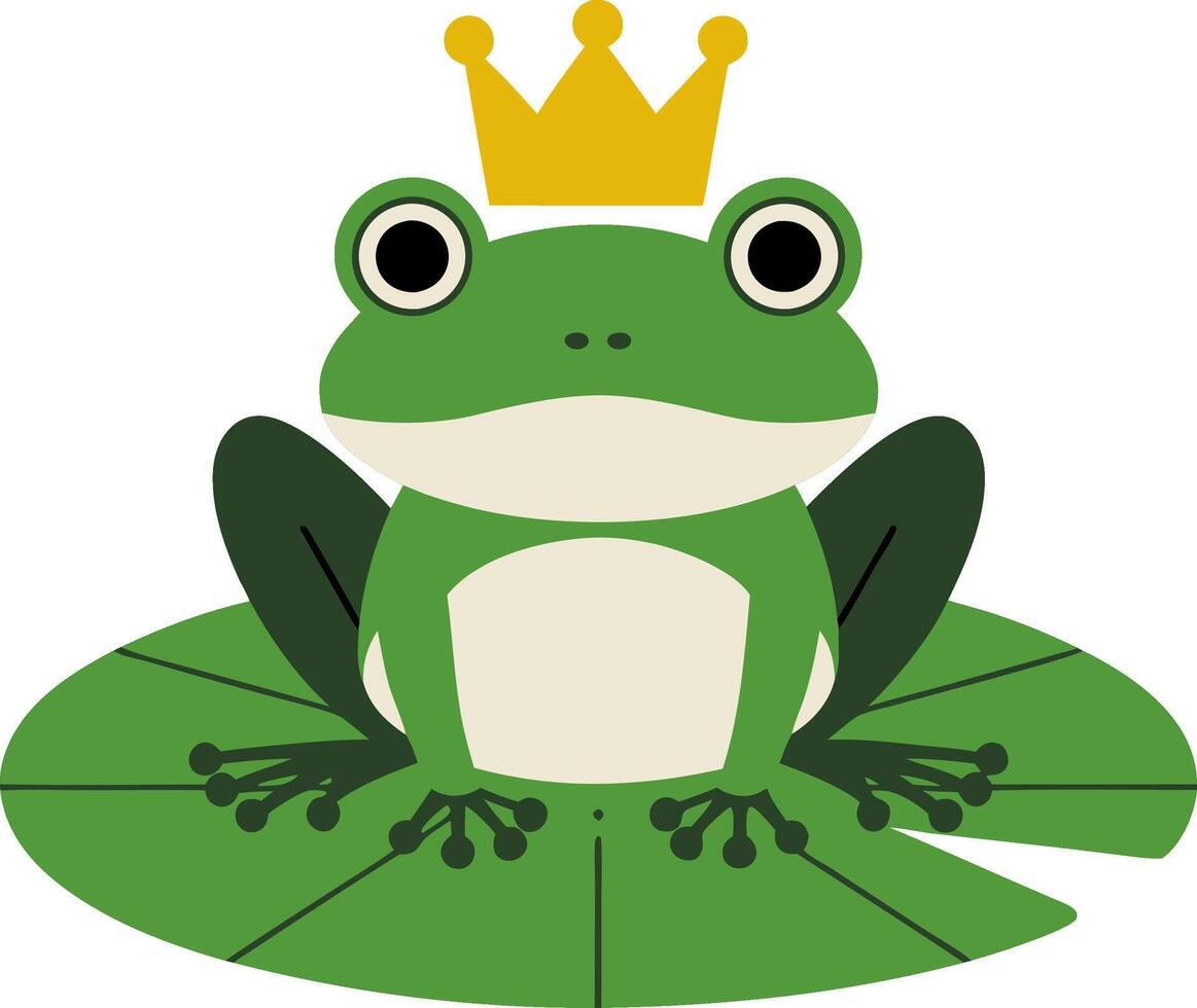 Frog Prince Cartoon Sitting on Lily Pad with Crown Illustration for Kids vector