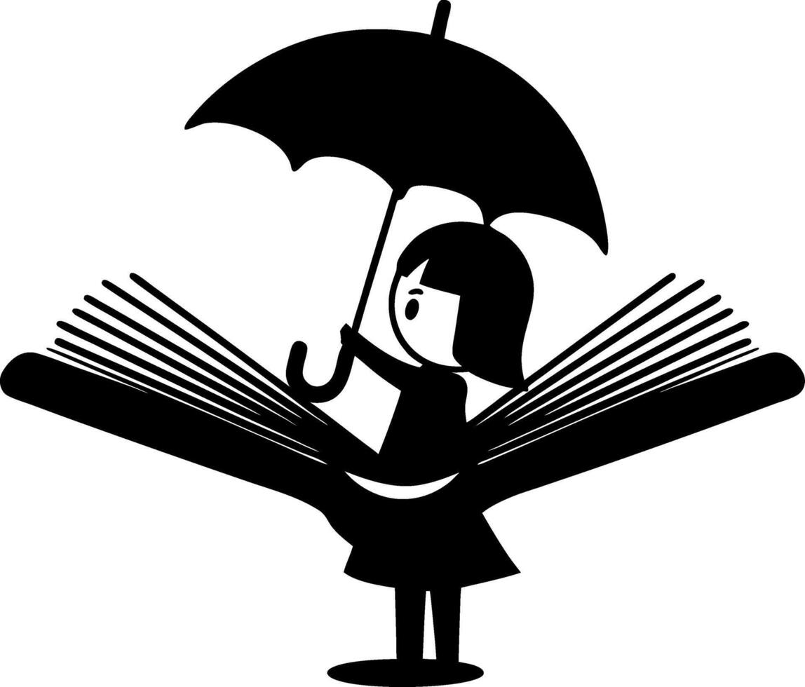 Girl Holding Umbrella Standing on Open Book Silhouette Art vector