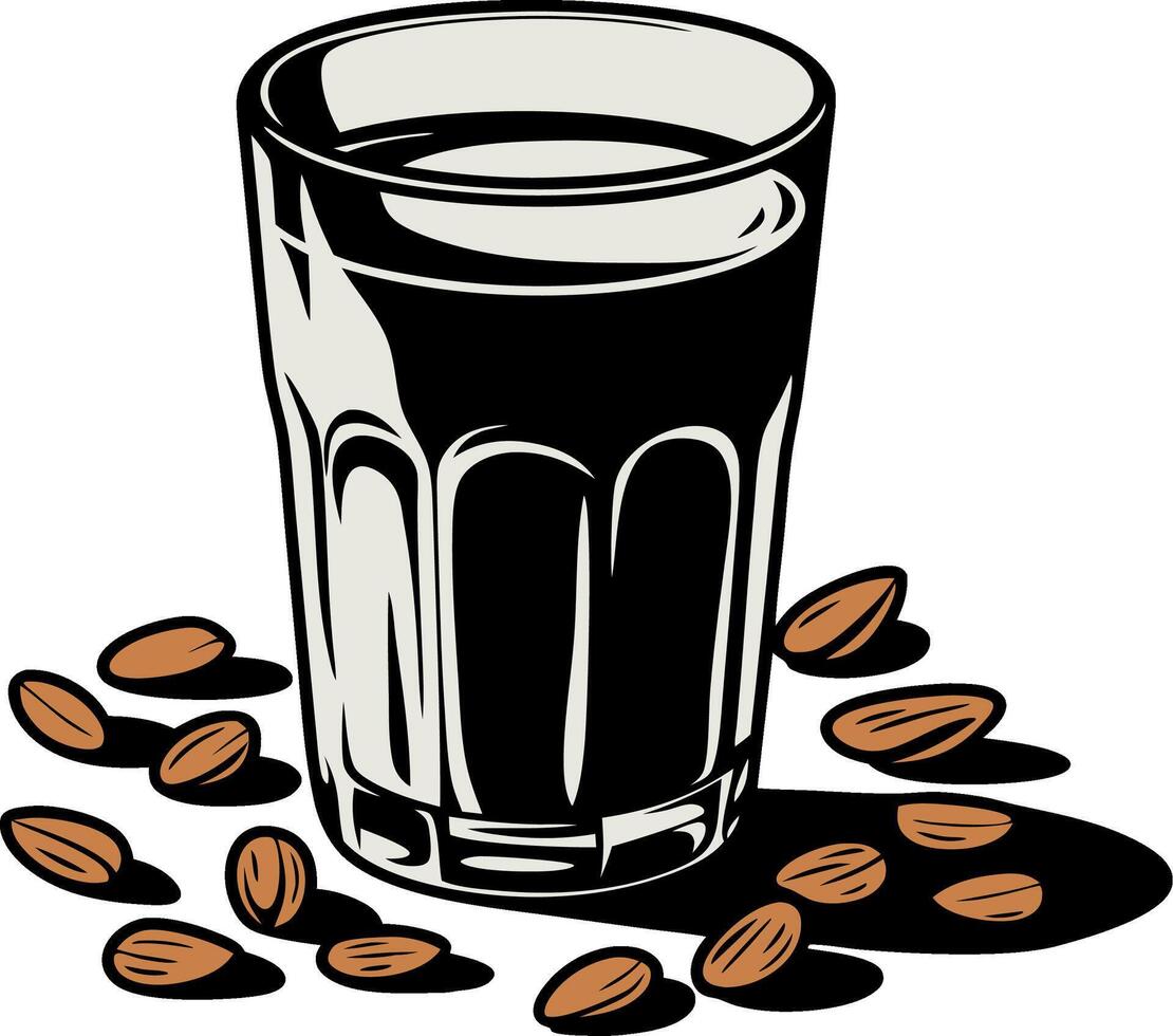 Glass of Almond Milk with Almonds Art Illustration vector