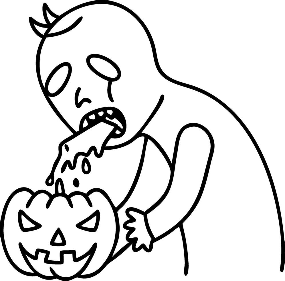 Halloween Line Art Sad Figure with Jack-O-Lantern Vomiting vector