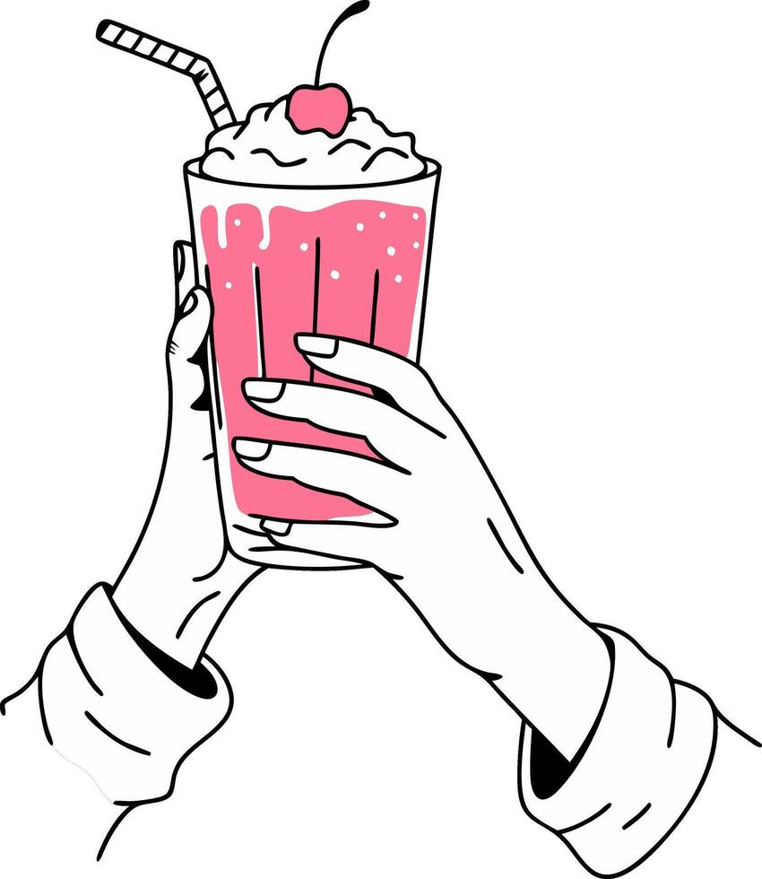 Hands Holding Cherry Topped Milkshake with Striped Straw Illustration vector