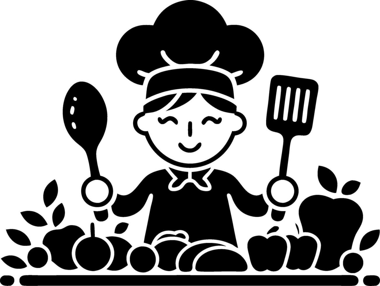 Happy Chef Holding Cooking Utensils Surrounded by Fresh Ingredients Illustration vector