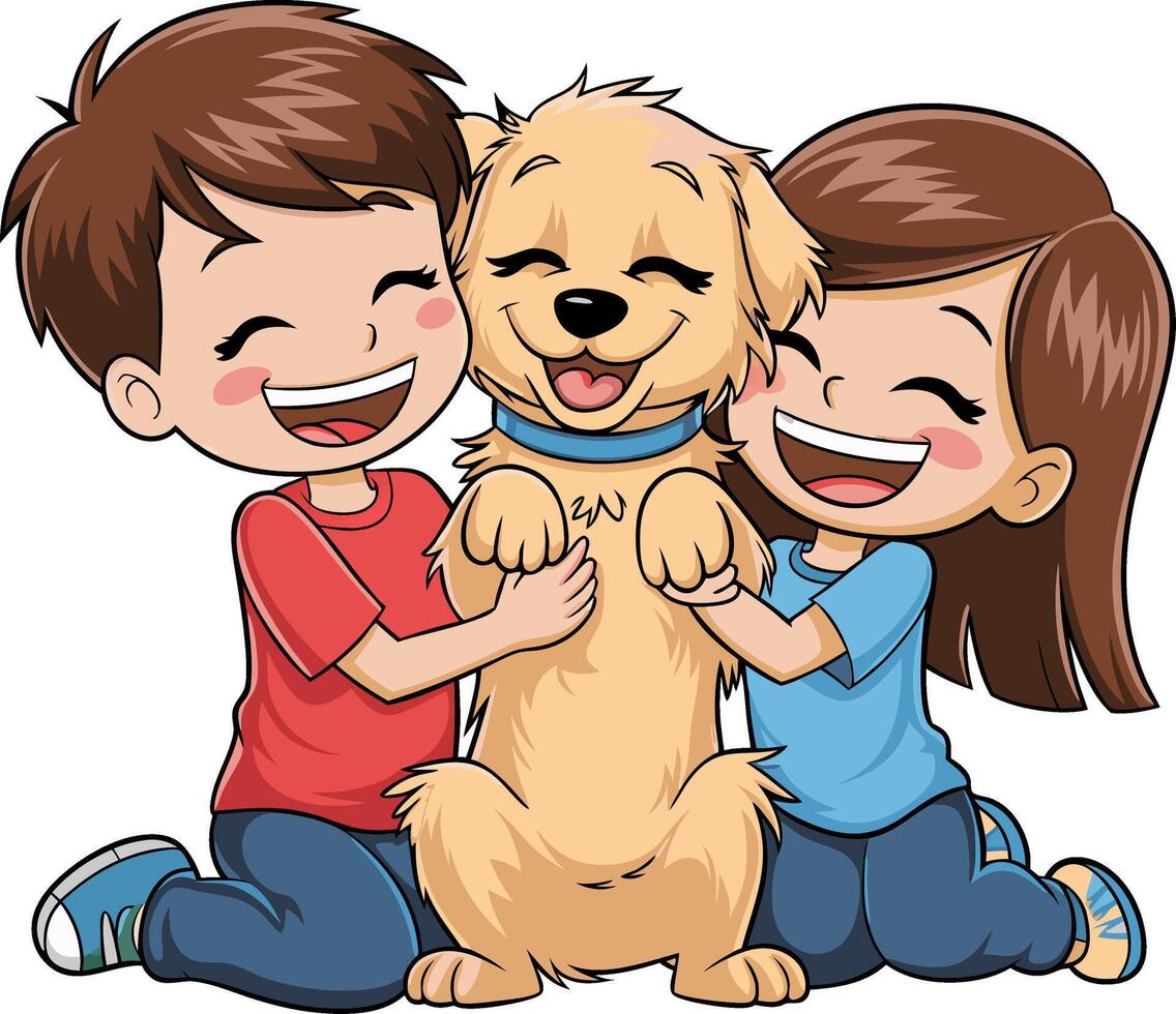 Happy Kids with Playful Puppy Cute Cartoon Illustration for Child Art Projects vector