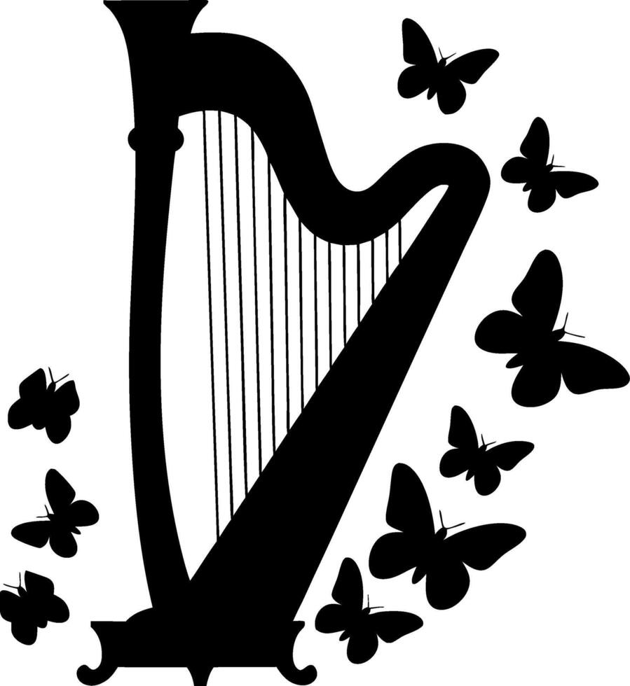 Harp with Fluttering Butterflies Silhouette Design for Artistic Decor vector