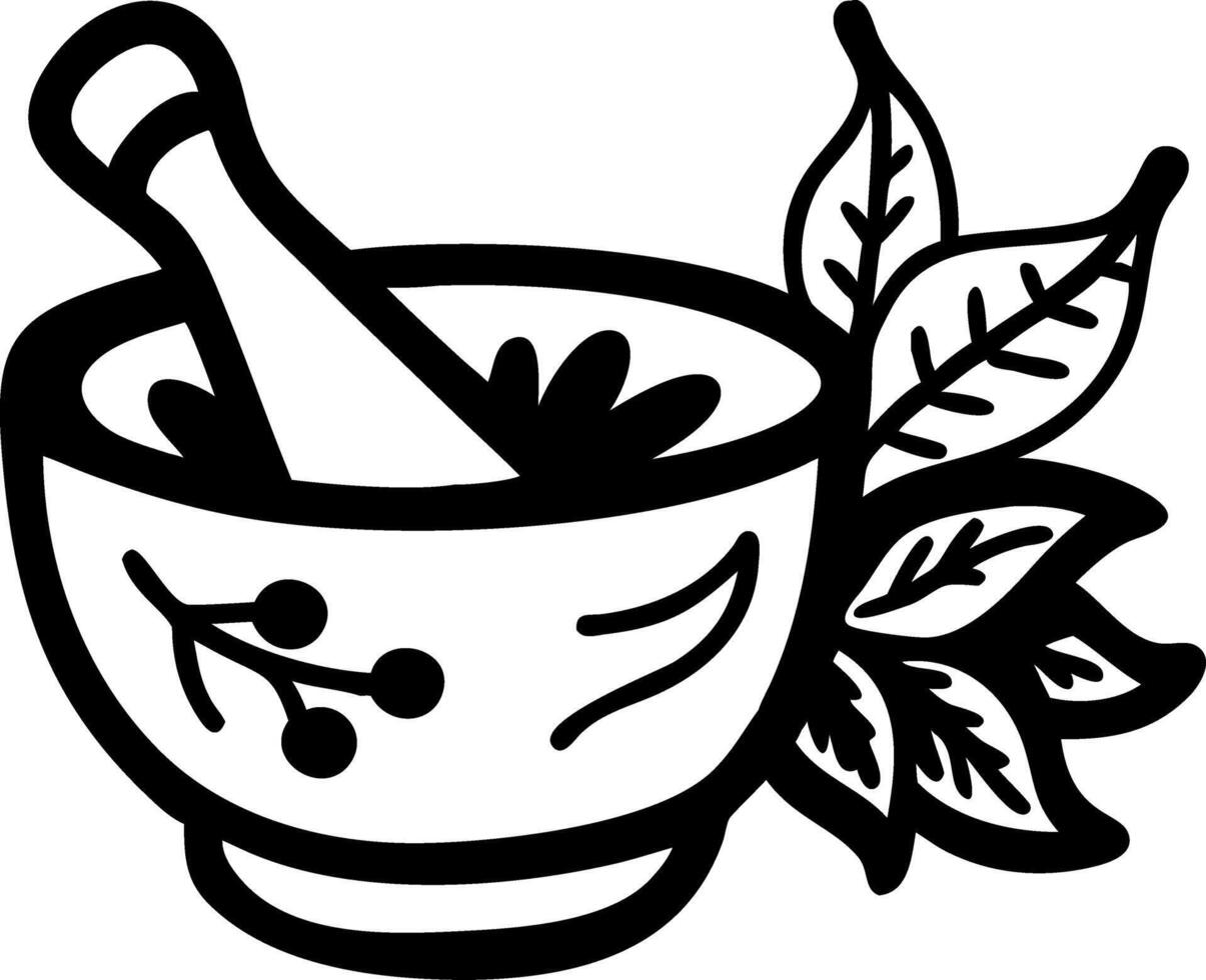 Herbal Medicine Mortar and Pestle with Leaves Illustration vector