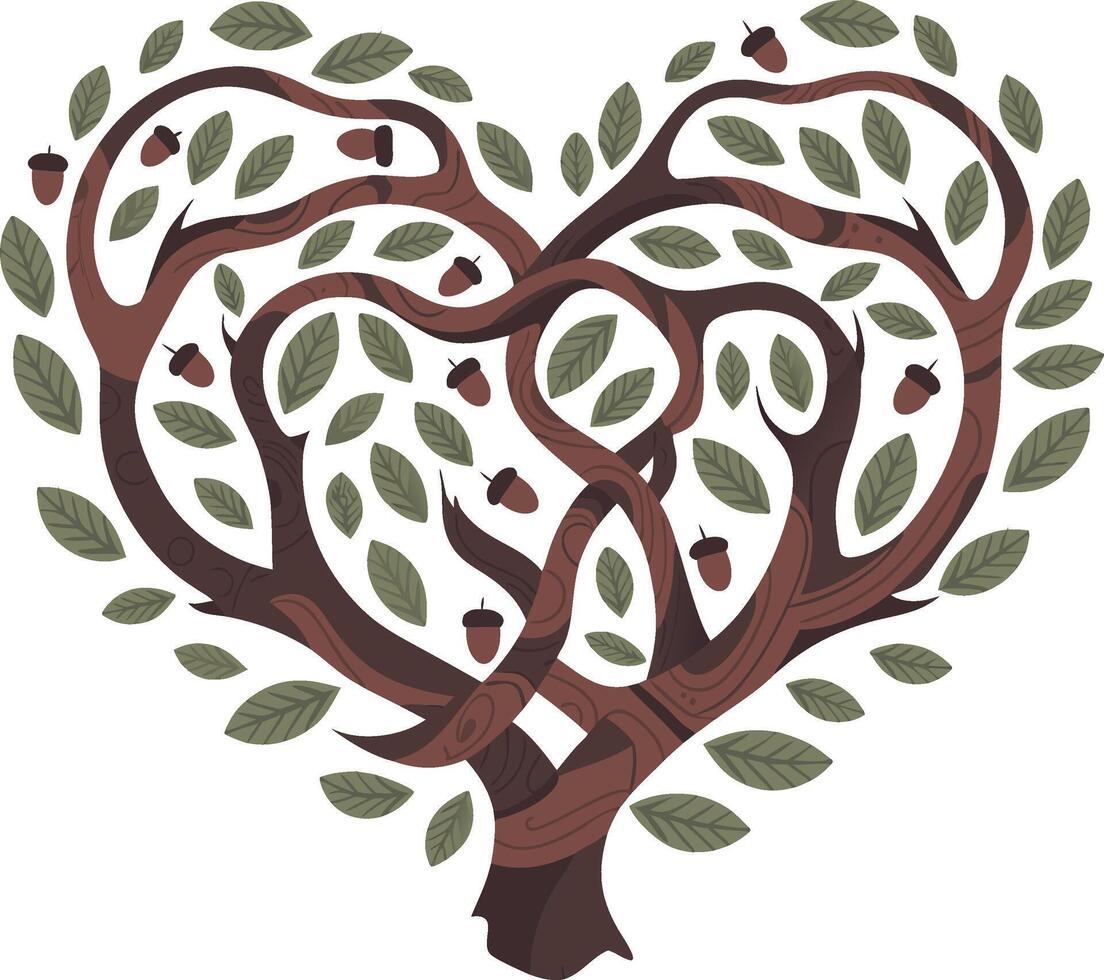 Heart Shaped Tree Branches with Leaves and Acorns Illustration vector