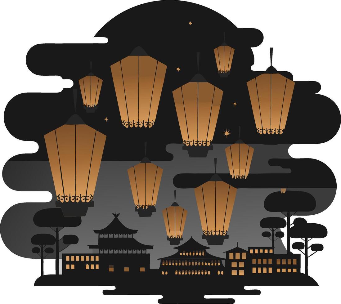 Lantern Festival Silhouette with Floating Lanterns over Traditional Asian Buildings Art vector
