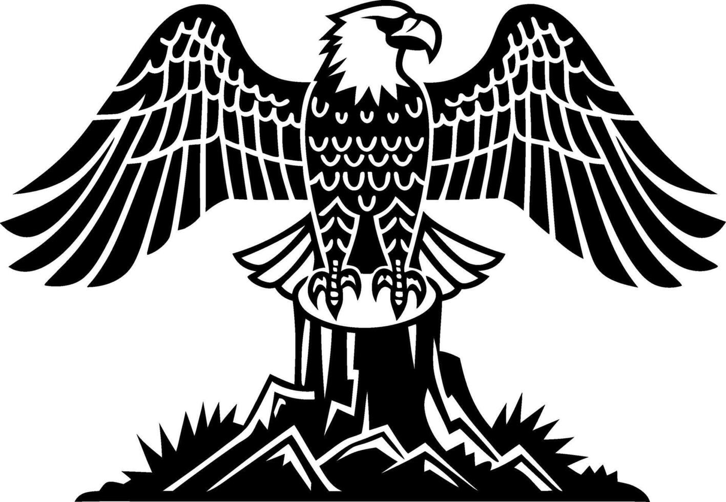 Majestic Eagle Silhouette with Outstretched Wings on Tree Stump Illustration vector