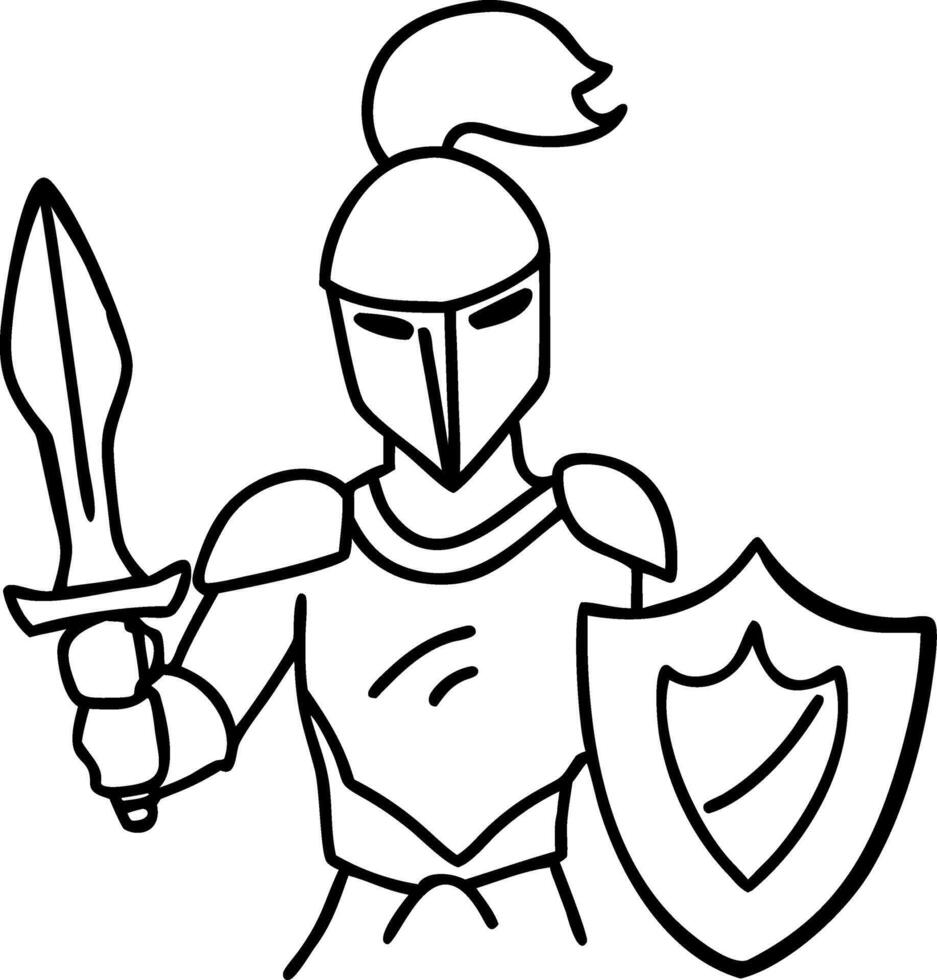 Medieval Knight Line Art Illustration Holding Sword and Shield vector