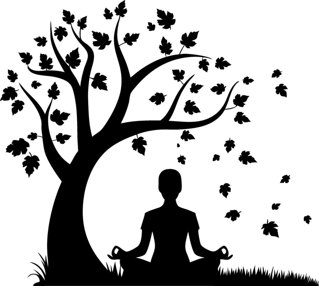 Meditation Silhouette Under Tree with Falling Leaves for Relaxation and Mindfulness Art vector