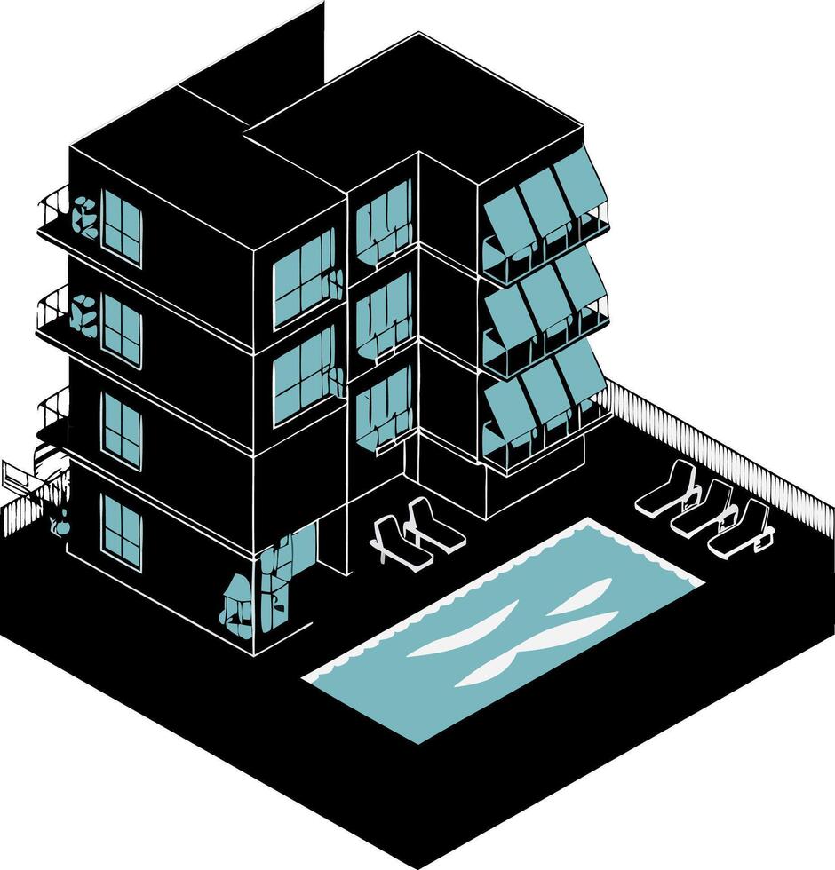 Modern Apartment Building with Rooftop Pool and Lounge Chairs Illustration vector