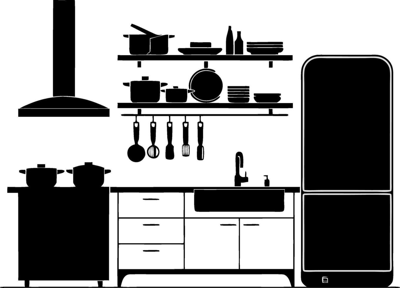 Modern Kitchen Silhouette Design with Appliances and Utensils for Wall Art or Illustration vector